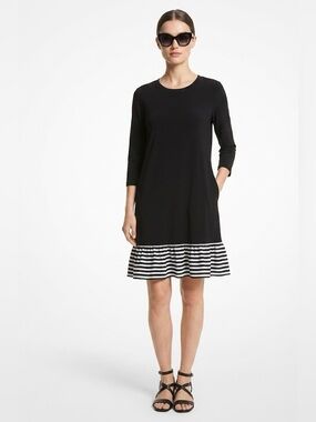 Michel Kors Black Striped Hem 3/4 Sleeve A-Line Dress